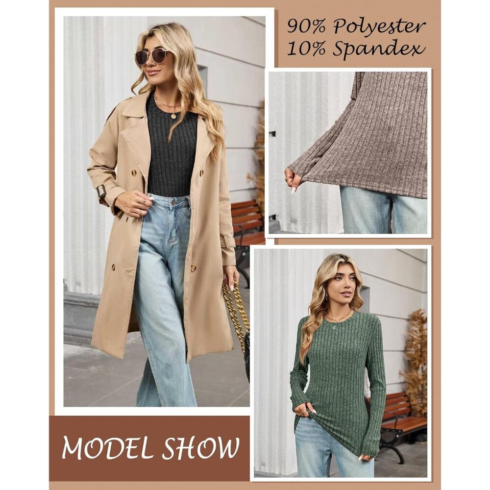 Women's Ribbed Sweater Tops 3 Pack Fitted Long Sleeve Crew Neck Thermal - Picture 3 of 5